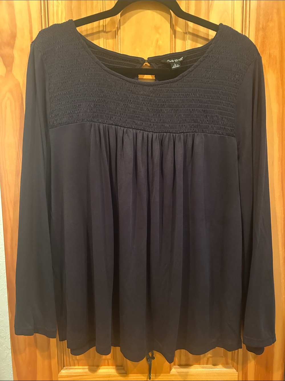 Lucky Brand Black Smocked Yoke Bell Sleeve Flowy Top